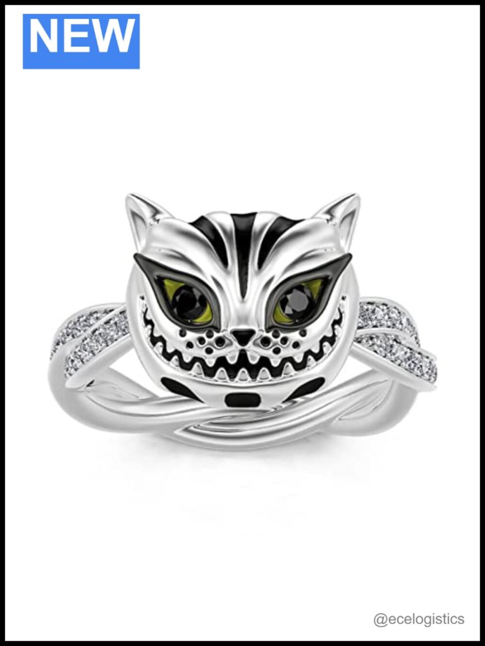 Sterling Silver Cheshire Cat Ring | Handmade Diamond White Cubic Zirconia |